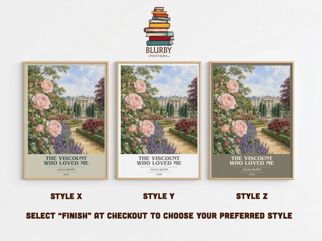 The Viscount Who Loved Me book cover print in frame leaning in hallway – romance wall art (mockup)
