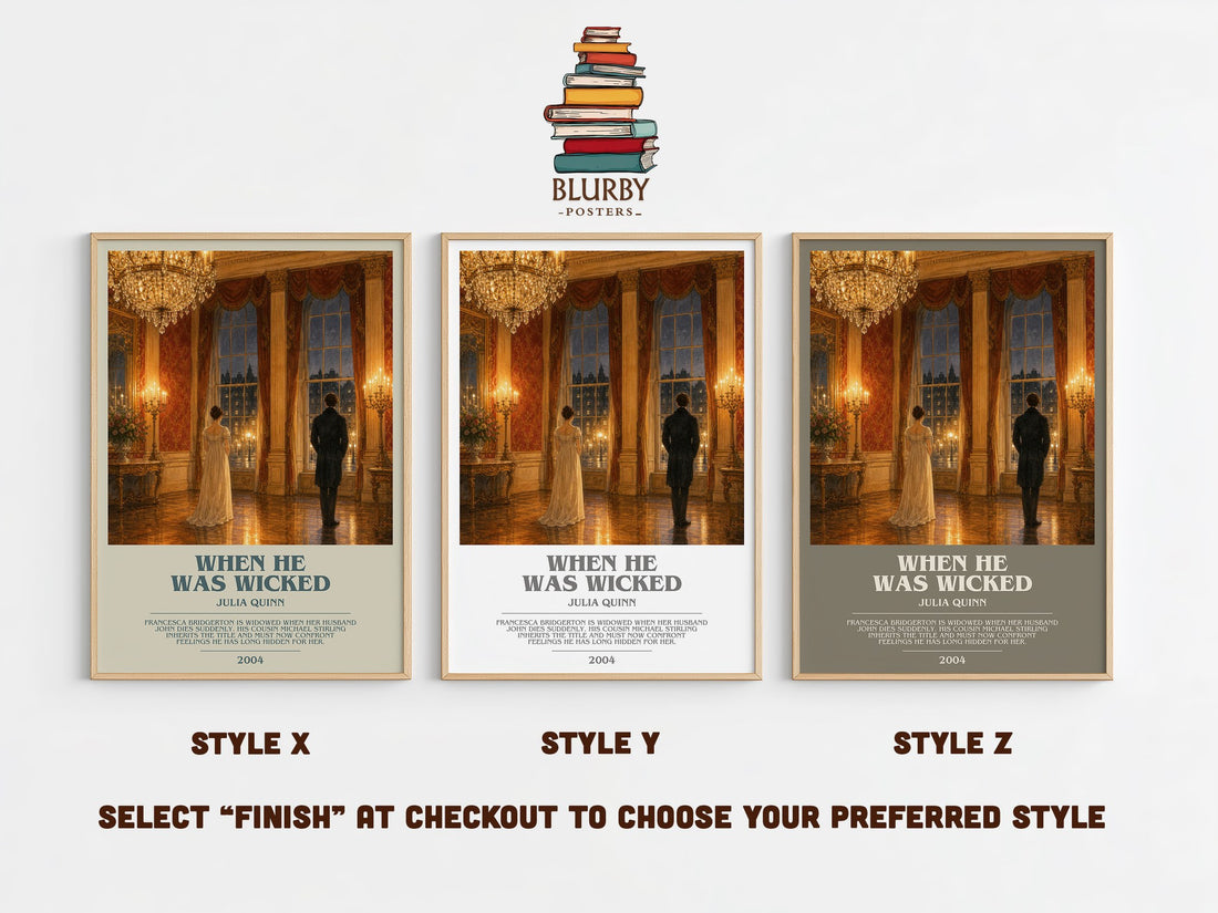 When He Was Wicked bookish print in frame leaning in hallway – romance wall art (mockup)