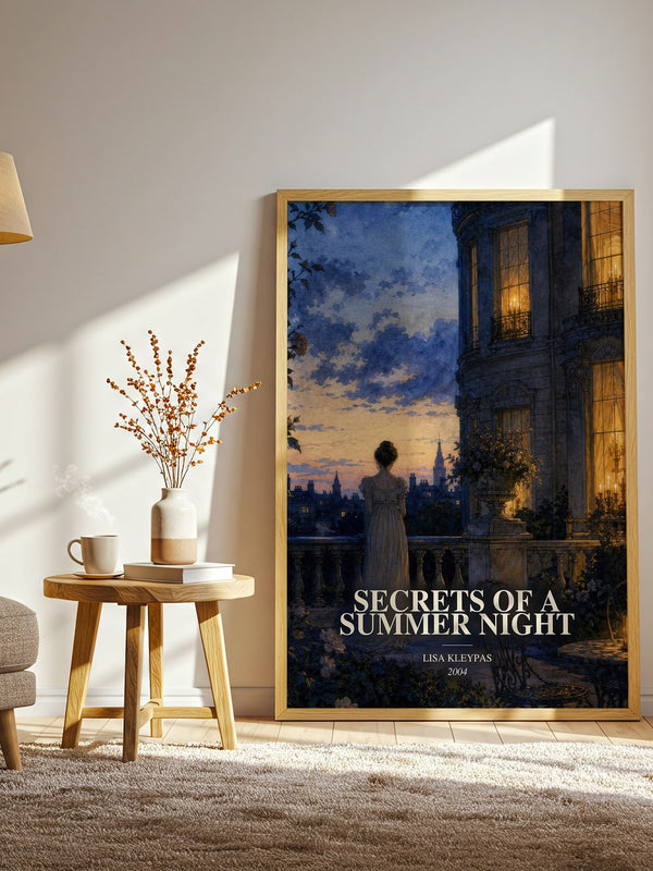 Secrets of a Summer Night watercolour print in frame leaning in hallway – romance wall art