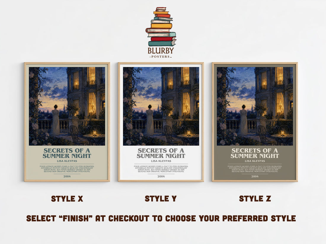 Secrets of a Summer Night bookish print in frame leaning in hallway – romance wall art (mockup)