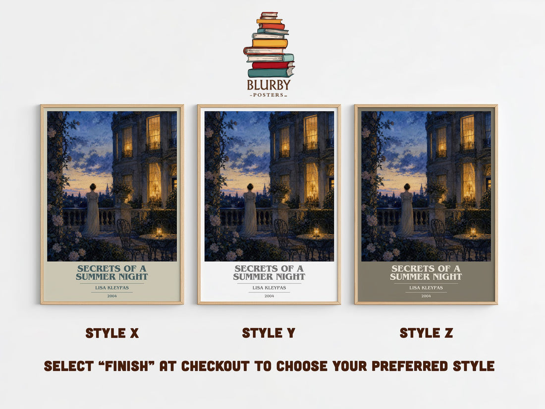 Secrets of a Summer Night book cover print in frame leaning in hallway – romance wall art (mockup)