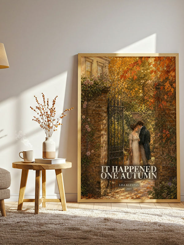It Happened One Autumn watercolour print in frame leaning in hallway – romance wall art