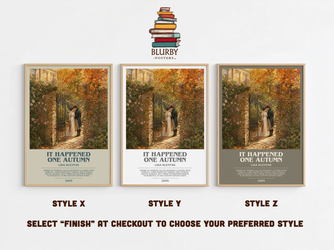 It Happened One Autumn bookish print in frame leaning in hallway – romance wall art (mockup)