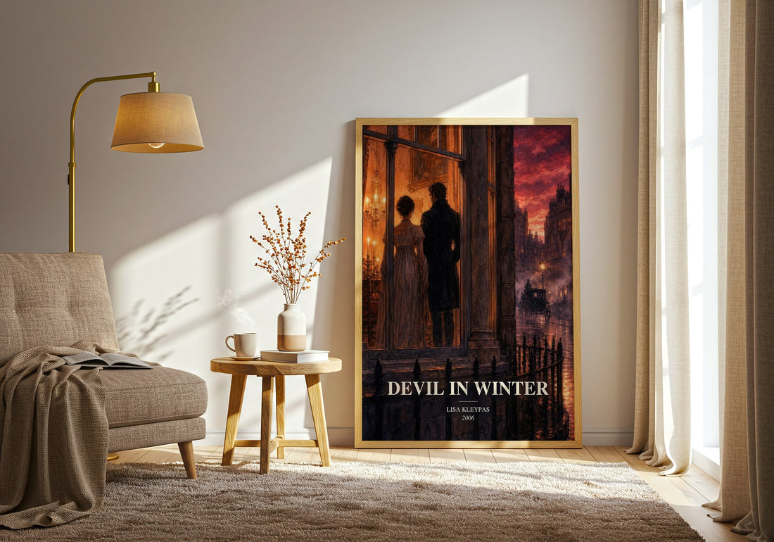 Devil in Winter watercolour print in frame leaning in hallway – romance wall art (mockup)