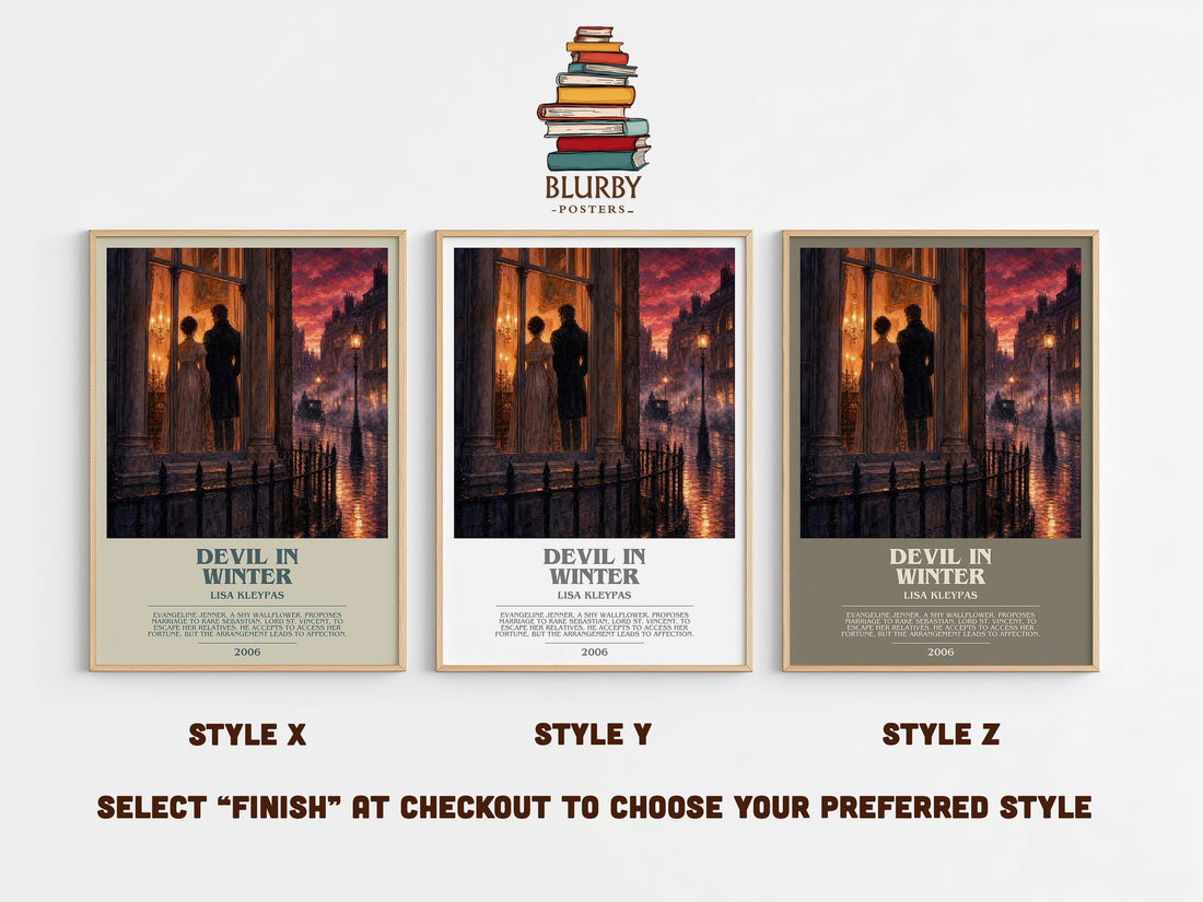 Devil in Winter bookish print in frame leaning in hallway – romance wall art (mockup)