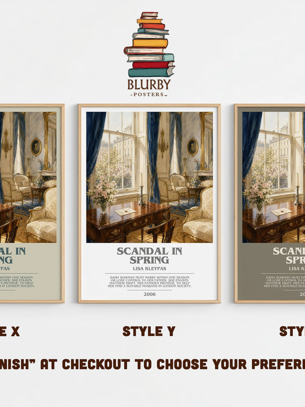 Scandal in Spring bookish print in frame leaning in hallway – romance wall art