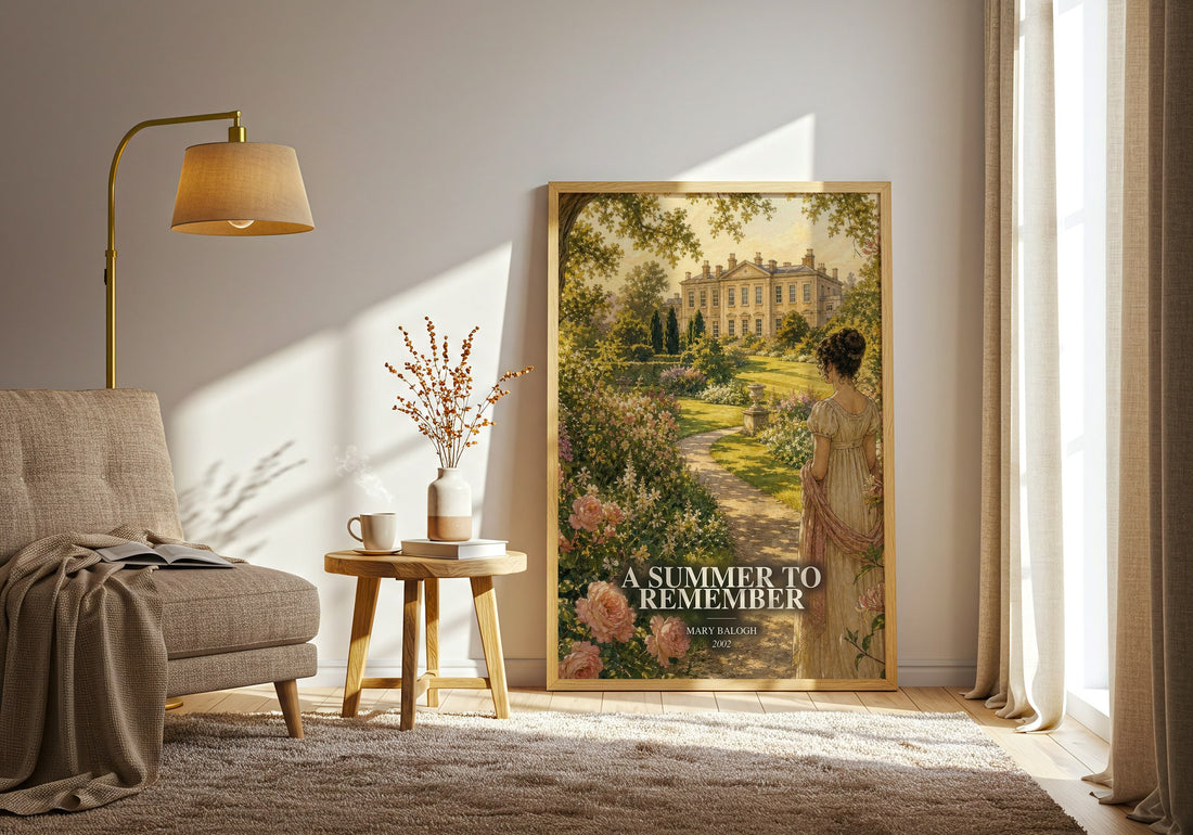 A Summer to Remember watercolour print in frame leaning in hallway – romance wall art (mockup)
