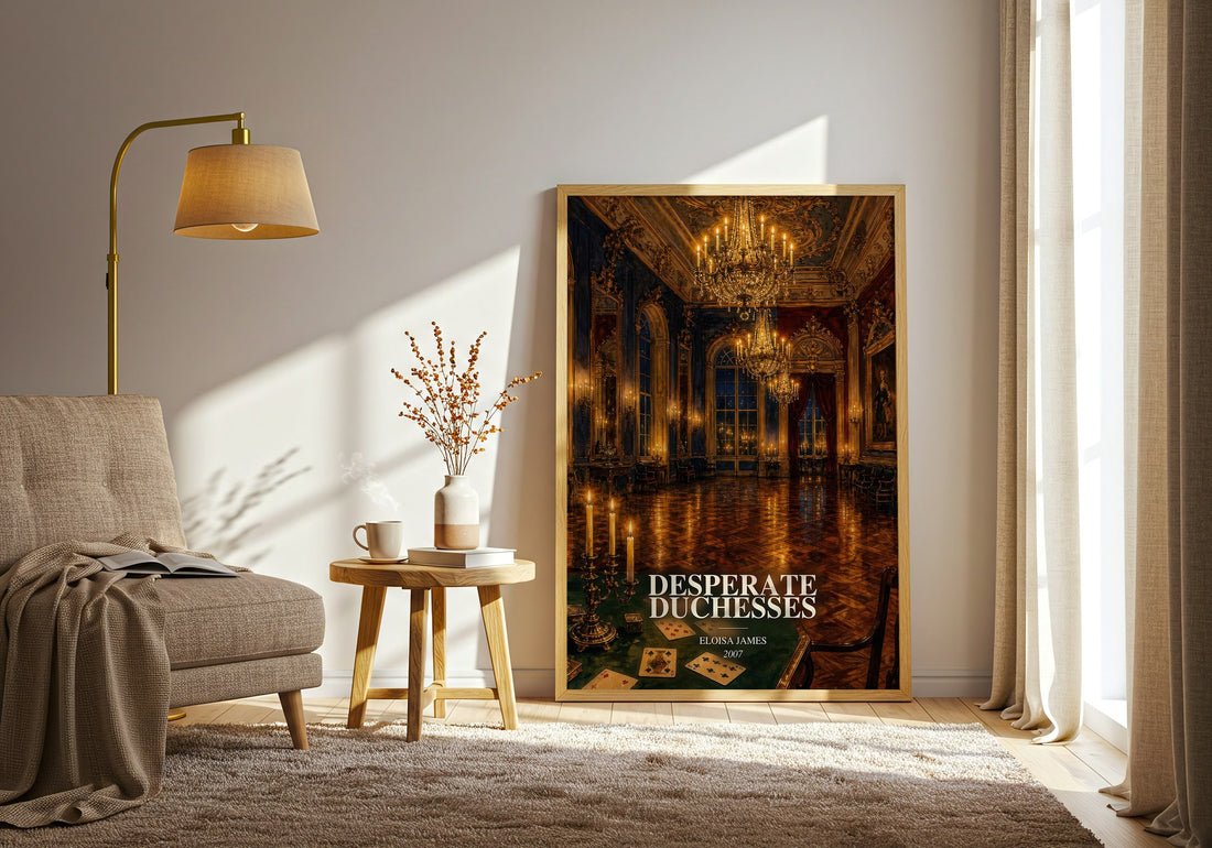 Desperate Duchesses watercolour print in frame leaning in hallway – romance wall art (mockup)