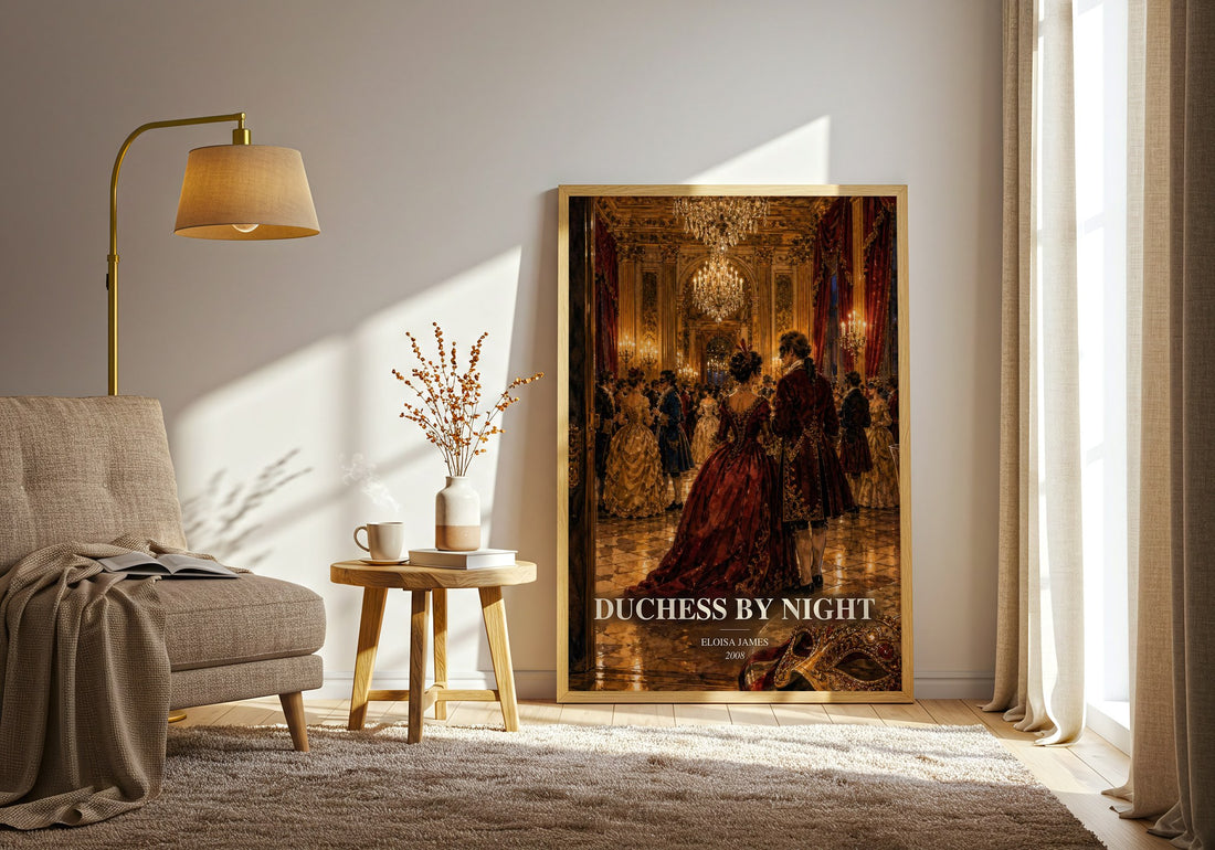 Duchess by Night watercolour print in frame leaning in hallway – romance wall art (mockup)