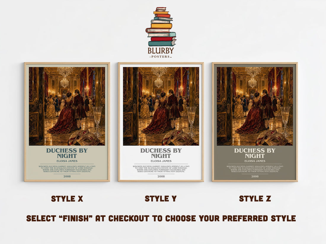 Duchess by Night bookish print in frame leaning in hallway – romance wall art (mockup)