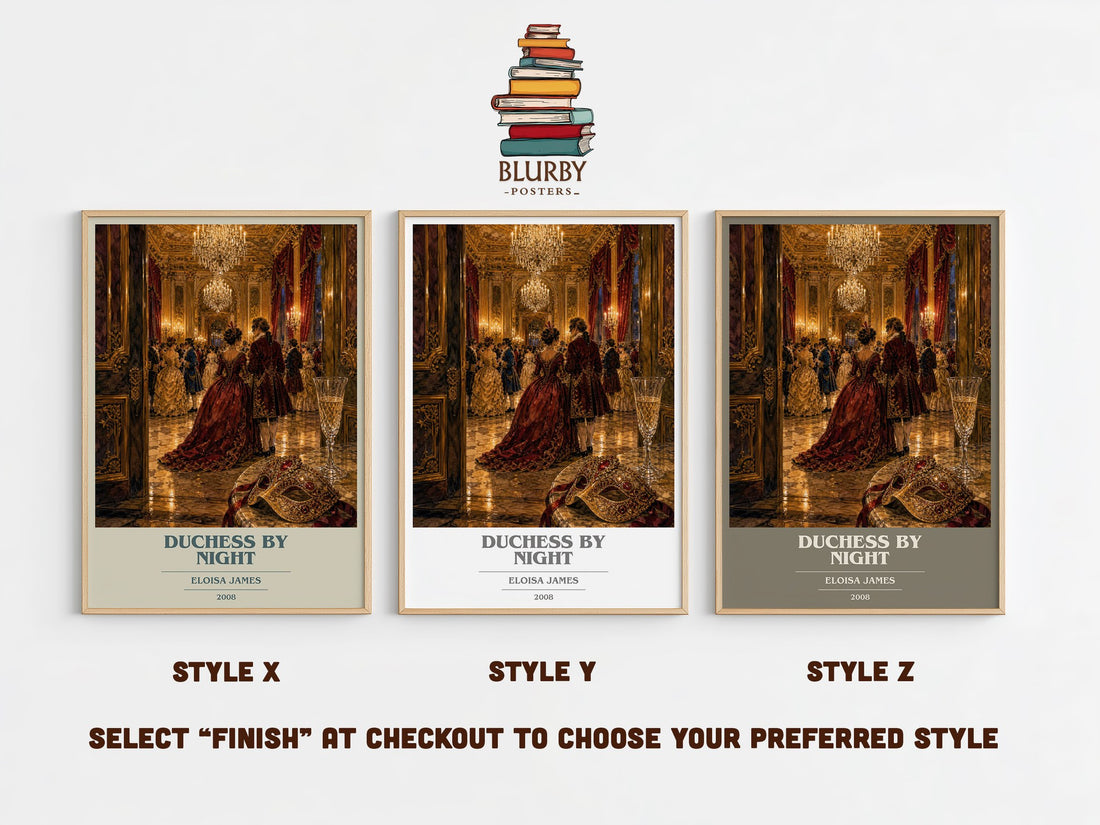 Duchess by Night book cover print in frame leaning in hallway – romance wall art (mockup)