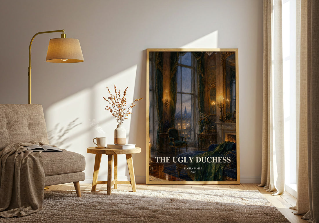 The Ugly Duchess watercolour print in frame leaning in hallway – romance wall art (mockup)