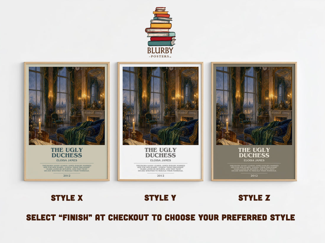 The Ugly Duchess bookish print in frame leaning in hallway – romance wall art (mockup)