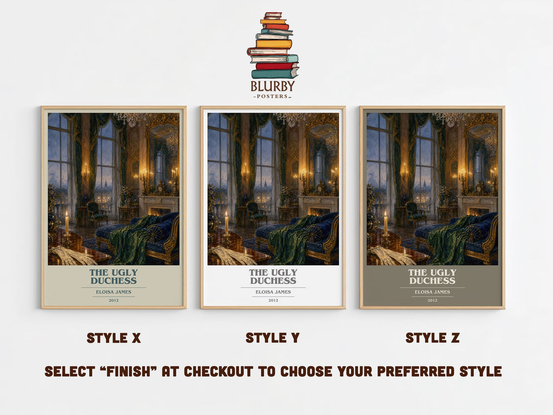 The Ugly Duchess book cover print in frame leaning in hallway – romance wall art (mockup)