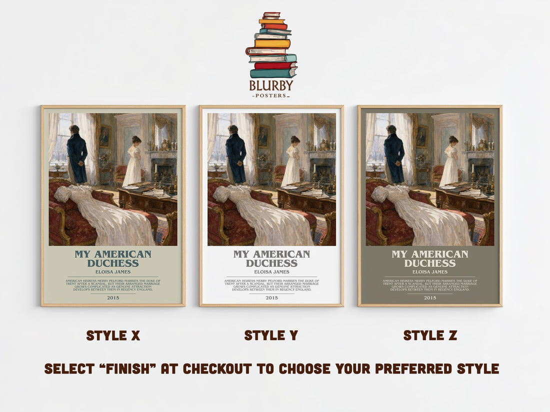 My American Duchess bookish print in frame leaning in hallway – romance wall art (mockup)