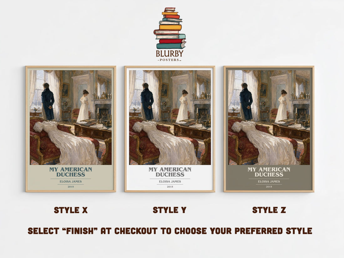 My American Duchess book cover print in frame leaning in hallway – romance wall art (mockup)
