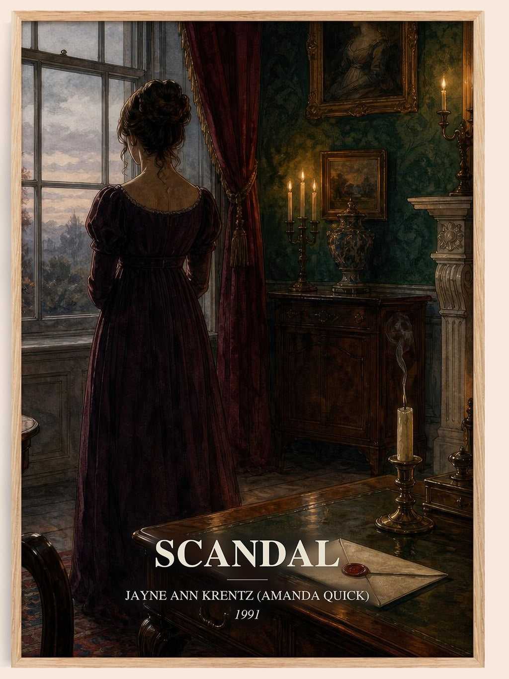 Scandal watercolour book poster by Jayne Ann Krentz (Amanda Quick) – framed literary art print