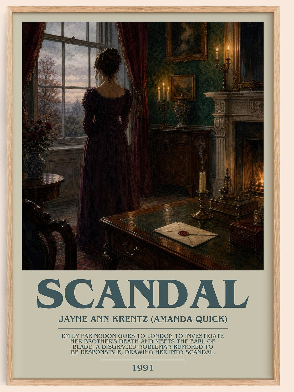 Scandal bookish book poster by Jayne Ann Krentz (Amanda Quick) – framed literary art print