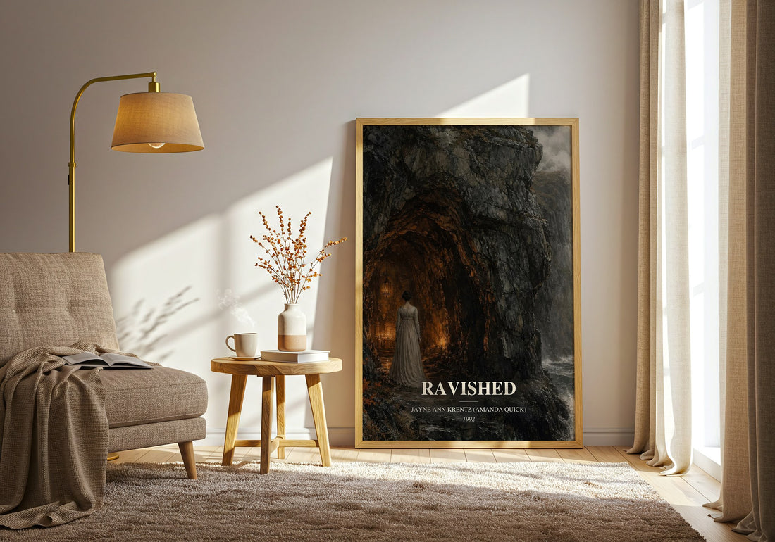 Ravished watercolour print in frame leaning in hallway – romance wall art (mockup)