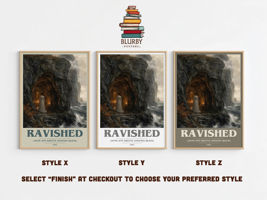 Ravished book cover print in frame leaning in hallway – romance wall art (mockup)