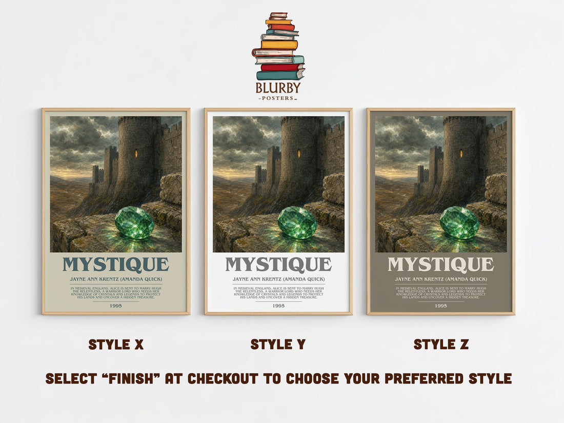 Mystique bookish print in frame leaning in hallway – romance wall art (mockup)