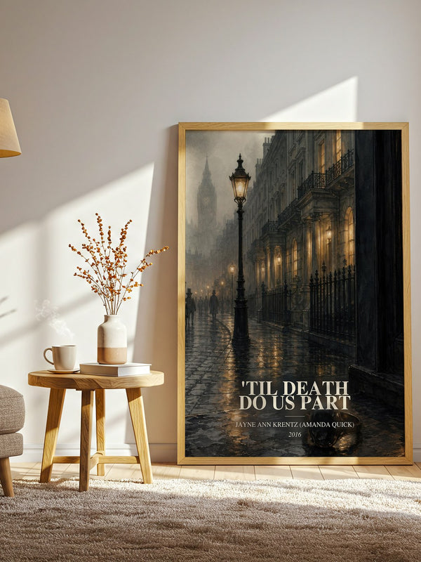 'Til Death Do Us Part watercolour print in frame leaning in hallway – thriller wall art