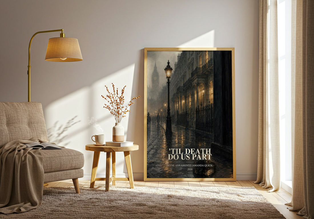 'Til Death Do Us Part watercolour print in frame leaning in hallway – thriller wall art (mockup)
