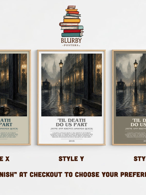 'Til Death Do Us Part bookish print in frame leaning in hallway – thriller wall art
