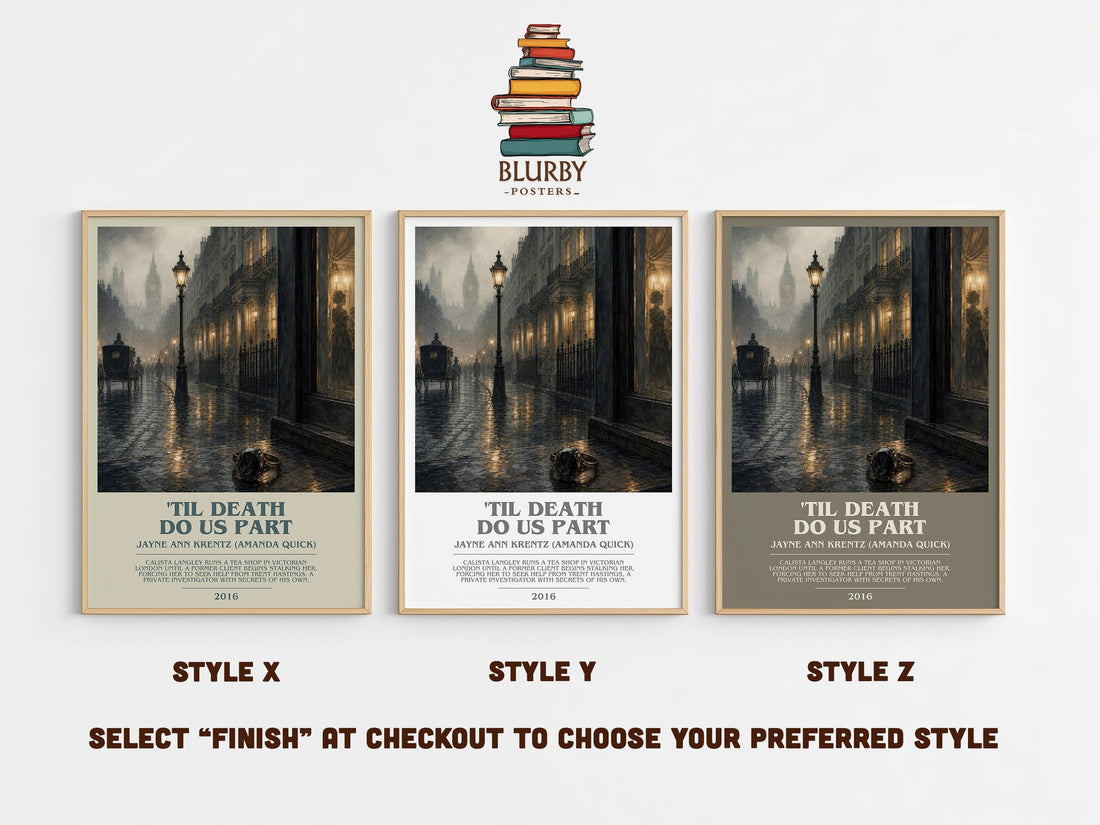 'Til Death Do Us Part bookish print in frame leaning in hallway – thriller wall art (mockup)