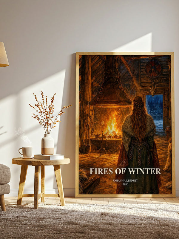 Fires of Winter watercolour print in frame leaning in hallway – romance wall art