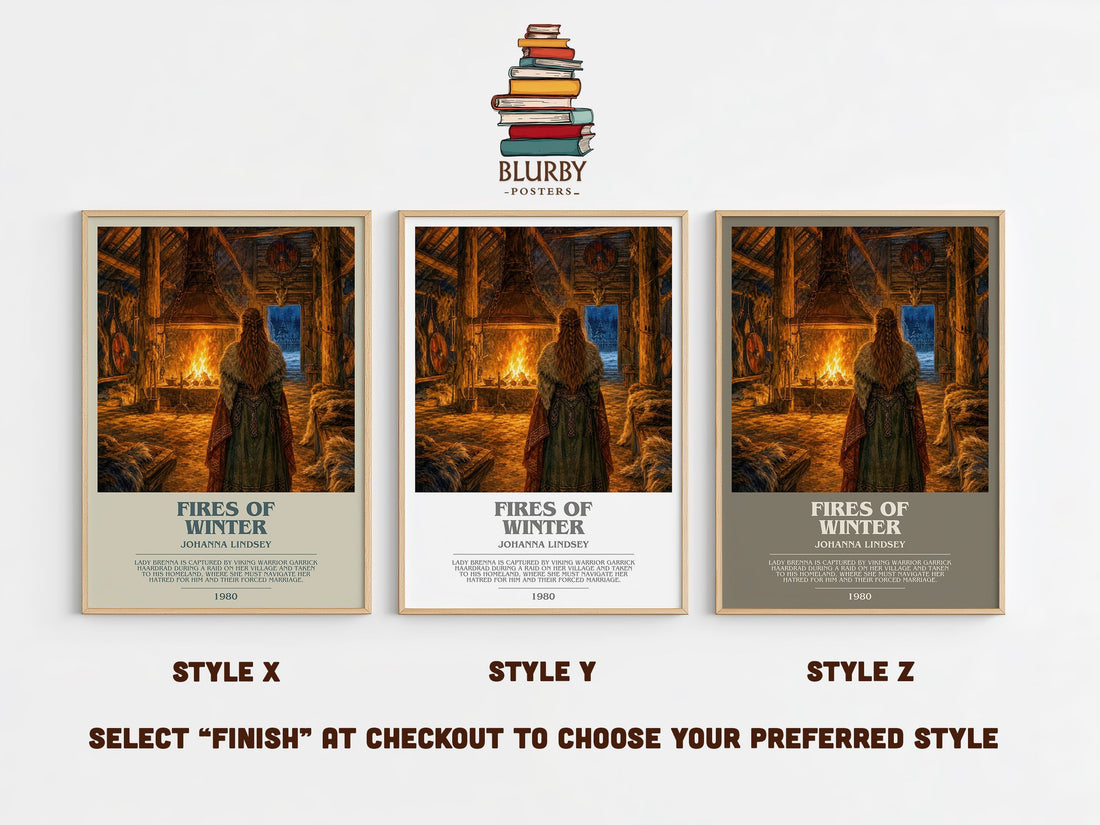 Fires of Winter bookish print in frame leaning in hallway – romance wall art (mockup)