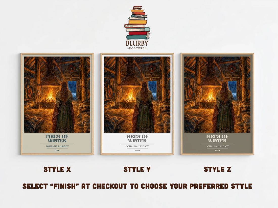 Fires of Winter book cover print in frame leaning in hallway – romance wall art (mockup)