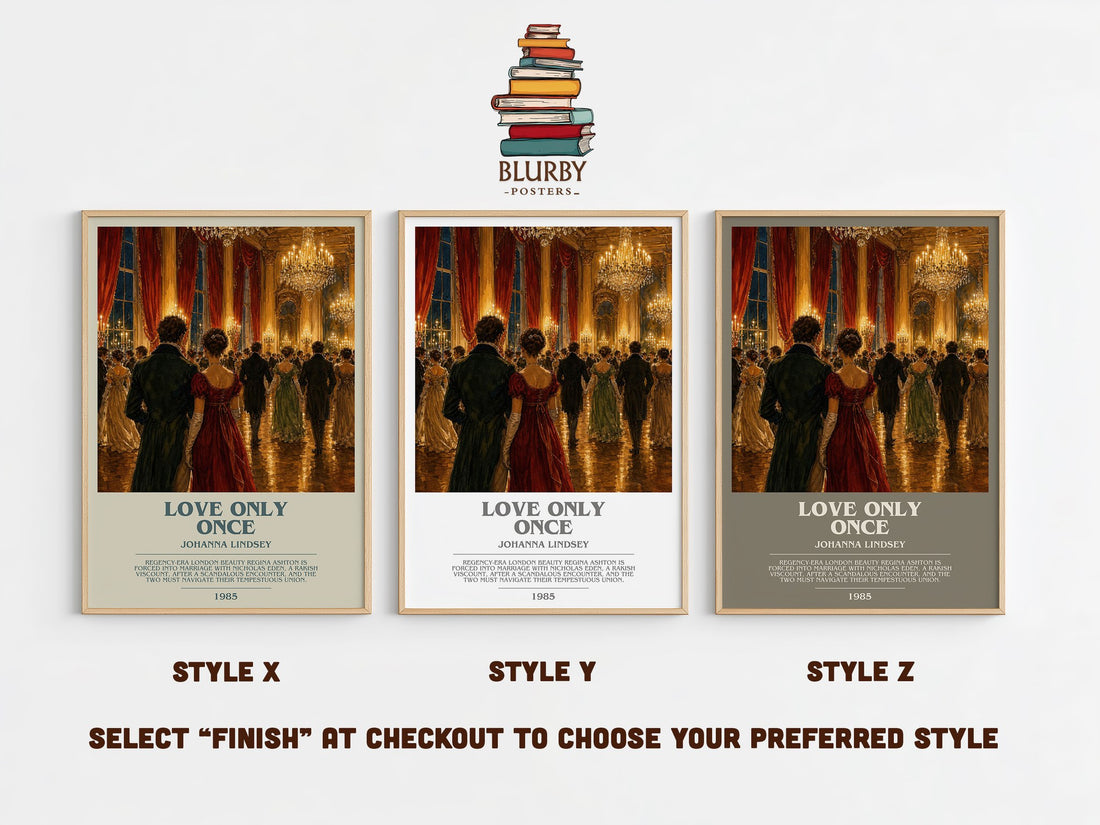 Love Only Once bookish print in frame leaning in hallway – romance wall art (mockup)