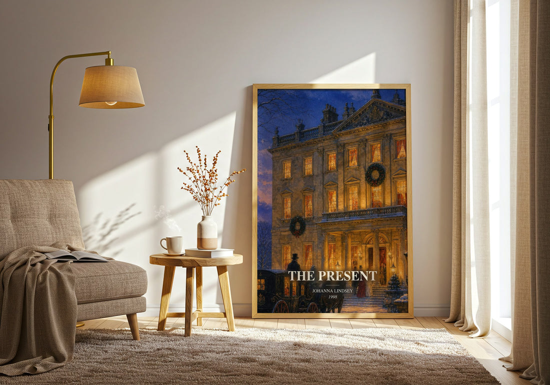 The Present watercolour print in frame leaning in hallway – romance wall art (mockup)
