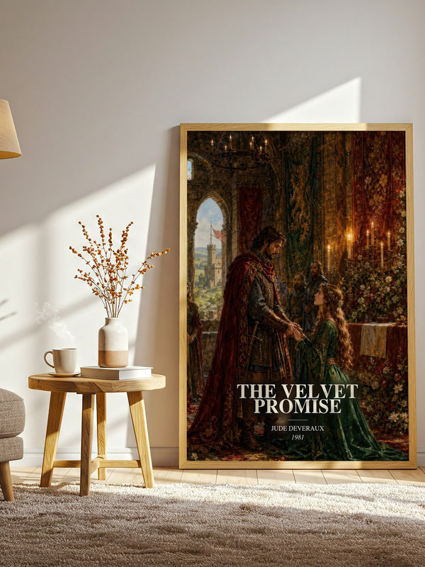 The Velvet Promise watercolour print in frame leaning in hallway – romance wall art