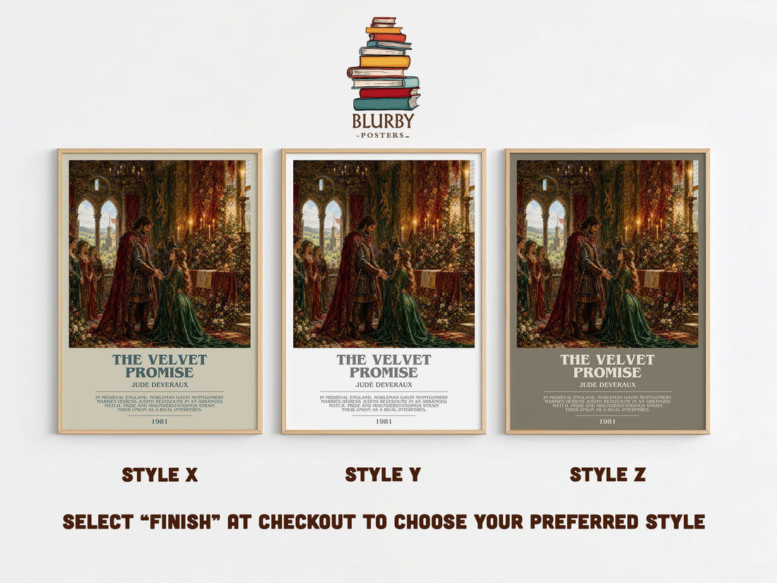 The Velvet Promise bookish print in frame leaning in hallway – romance wall art (mockup)