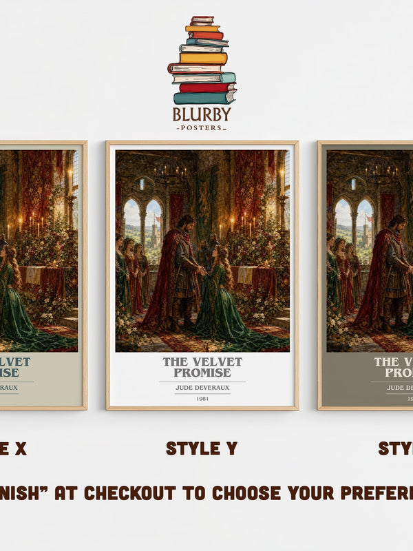 The Velvet Promise book cover print in frame leaning in hallway – romance wall art