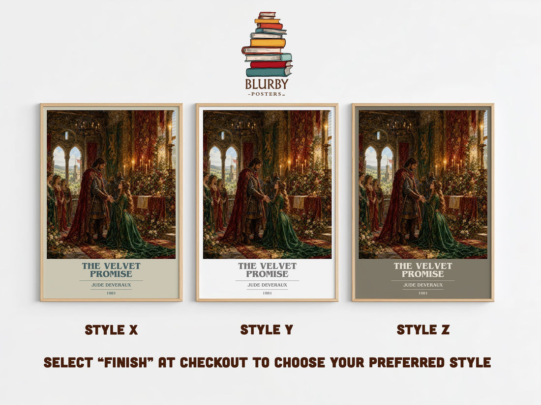 The Velvet Promise book cover print in frame leaning in hallway – romance wall art (mockup)