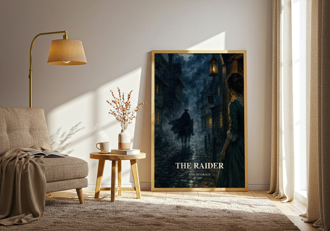 The Raider watercolour print in frame leaning in hallway – romance wall art (mockup)