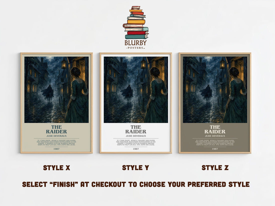 The Raider bookish print in frame leaning in hallway – romance wall art (mockup)