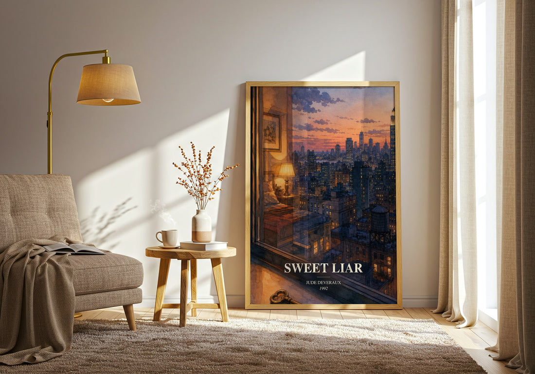 Sweet Liar watercolour print in frame leaning in hallway – romance wall art (mockup)