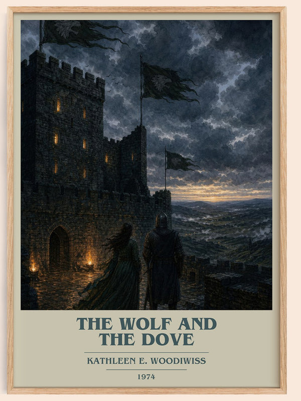 The Wolf and the Dove book cover book poster by Kathleen E. Woodiwiss – framed literary art print