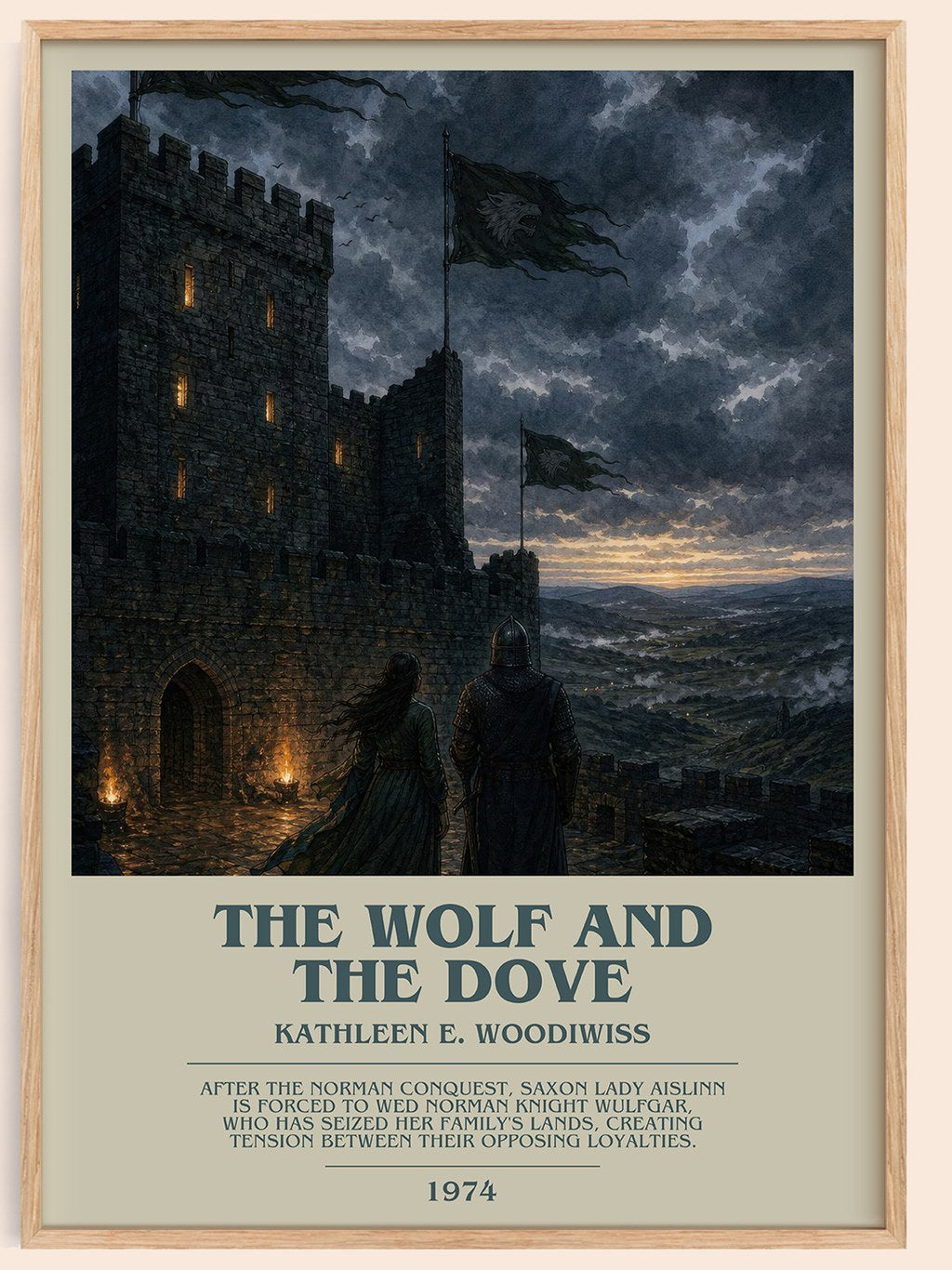 The Wolf and the Dove bookish book poster by Kathleen E. Woodiwiss – framed literary art print