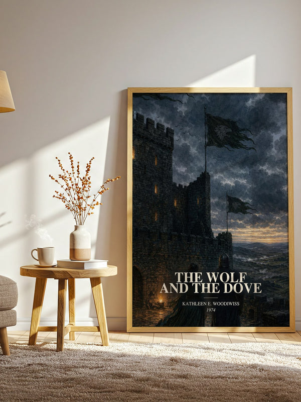 The Wolf and the Dove watercolour print in frame leaning in hallway – romance wall art