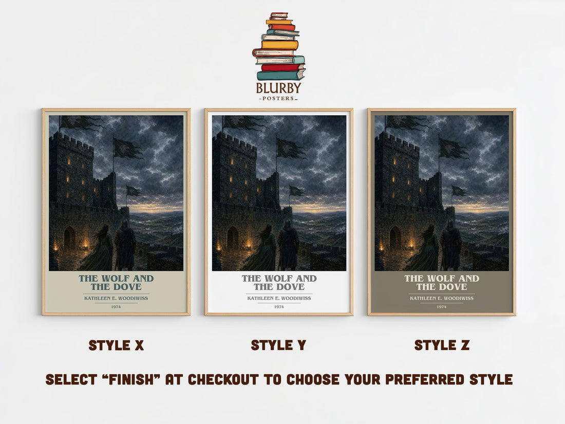The Wolf and the Dove book cover print in frame leaning in hallway – romance wall art (mockup)