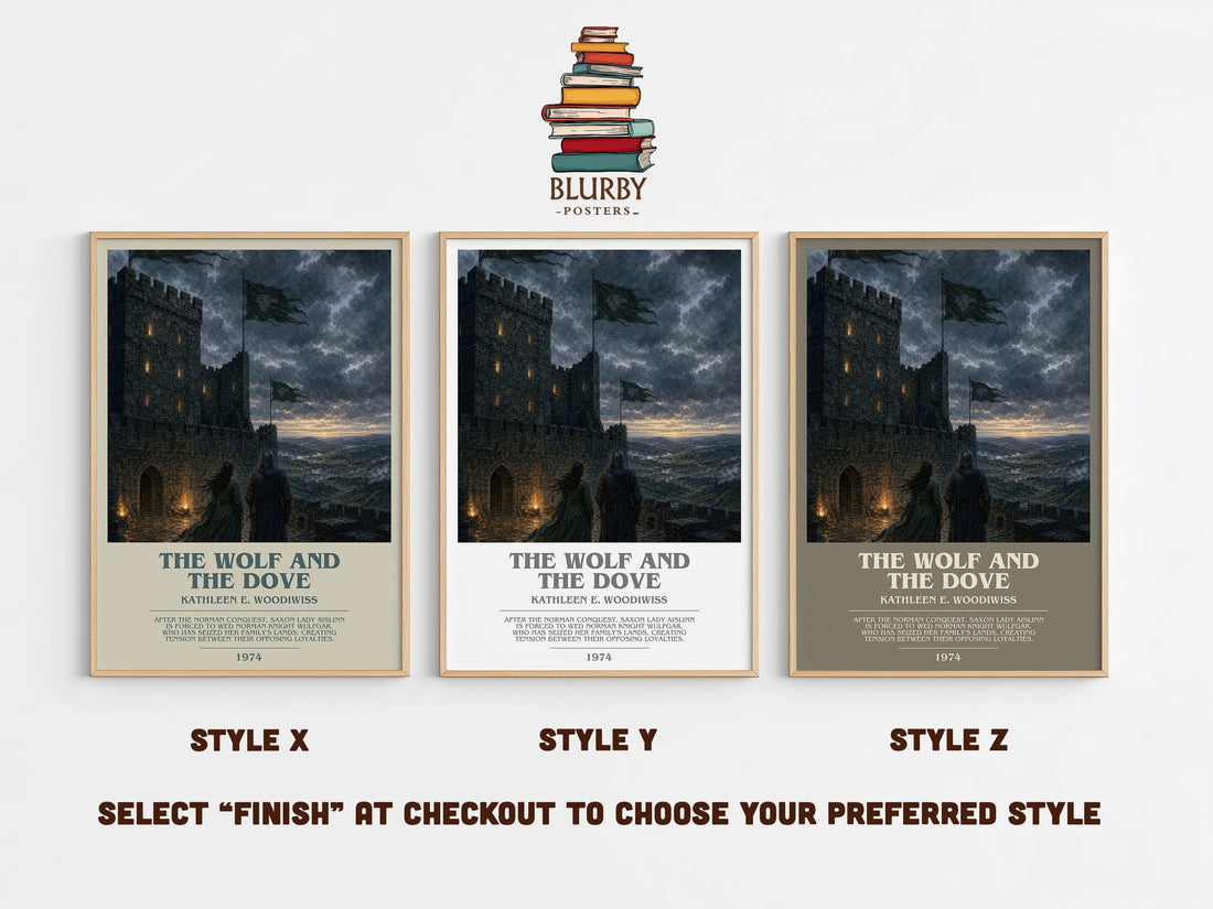 The Wolf and the Dove bookish print in frame leaning in hallway – romance wall art (mockup)