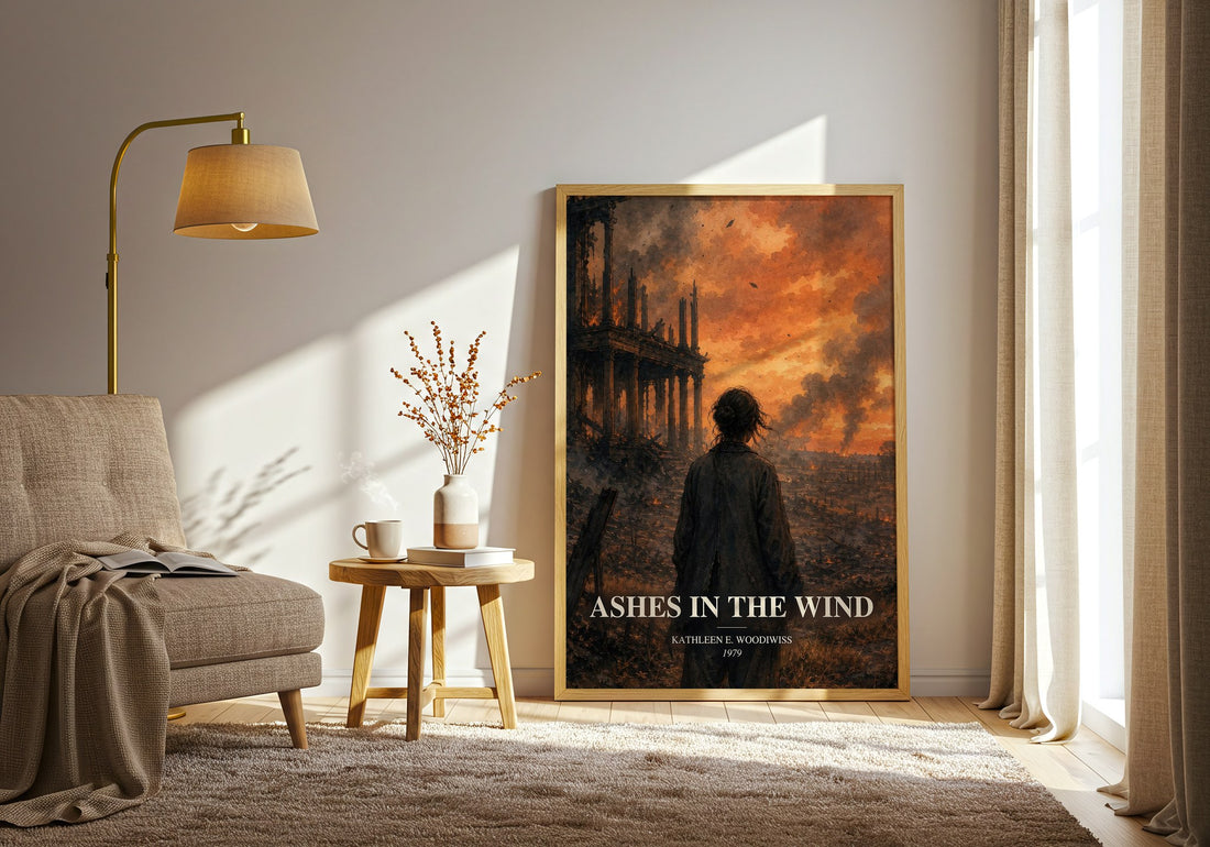 Ashes in the Wind watercolour print in frame leaning in hallway – romance wall art (mockup)