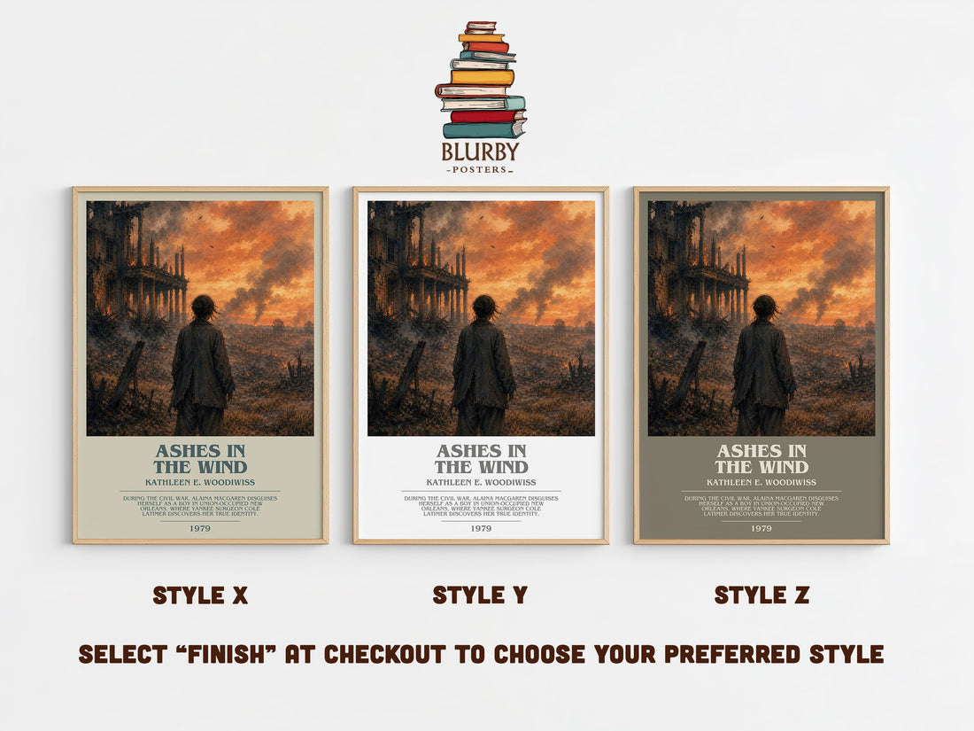 Ashes in the Wind bookish print in frame leaning in hallway – romance wall art (mockup)