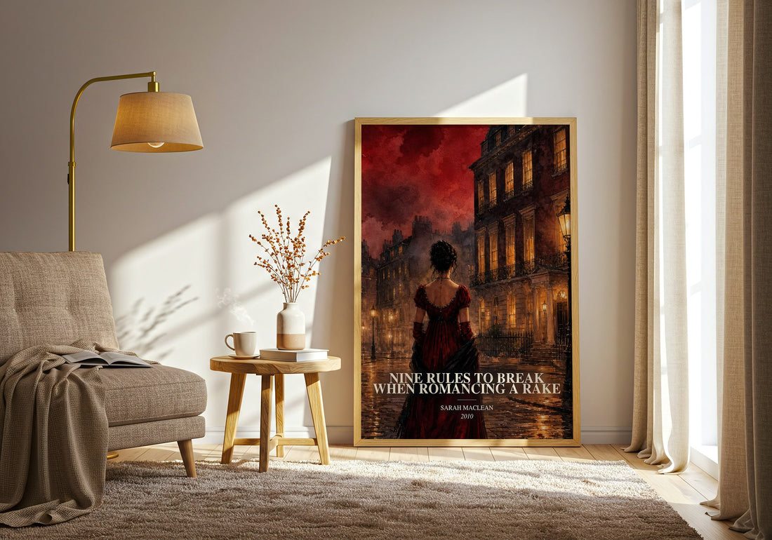 Nine Rules to Break When Romancing a Rake watercolour print in frame leaning in hallway – romance wall art (mockup)