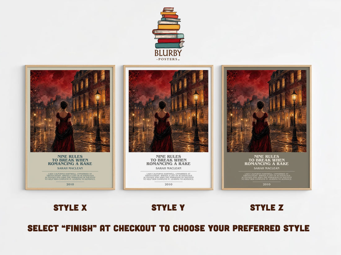 Nine Rules to Break When Romancing a Rake bookish print in frame leaning in hallway – romance wall art (mockup)